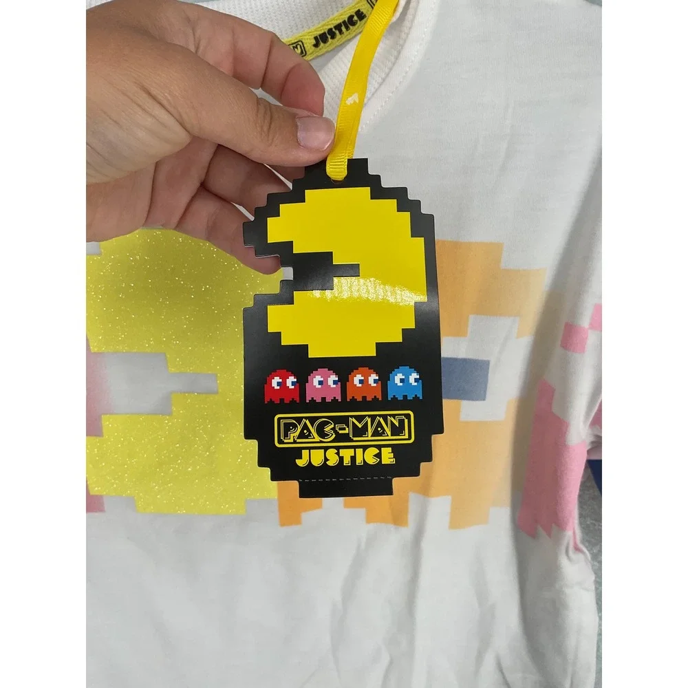 Justice Girls Pac-Man Cropped Graphic Tee White Retro Pixel Ghosts Size L 12 14